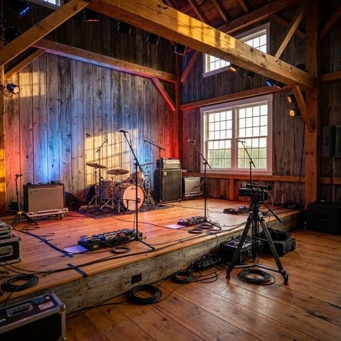 A small stage in a timber barn loft with a drum kit, amplifiers and microphones, lit for a session.