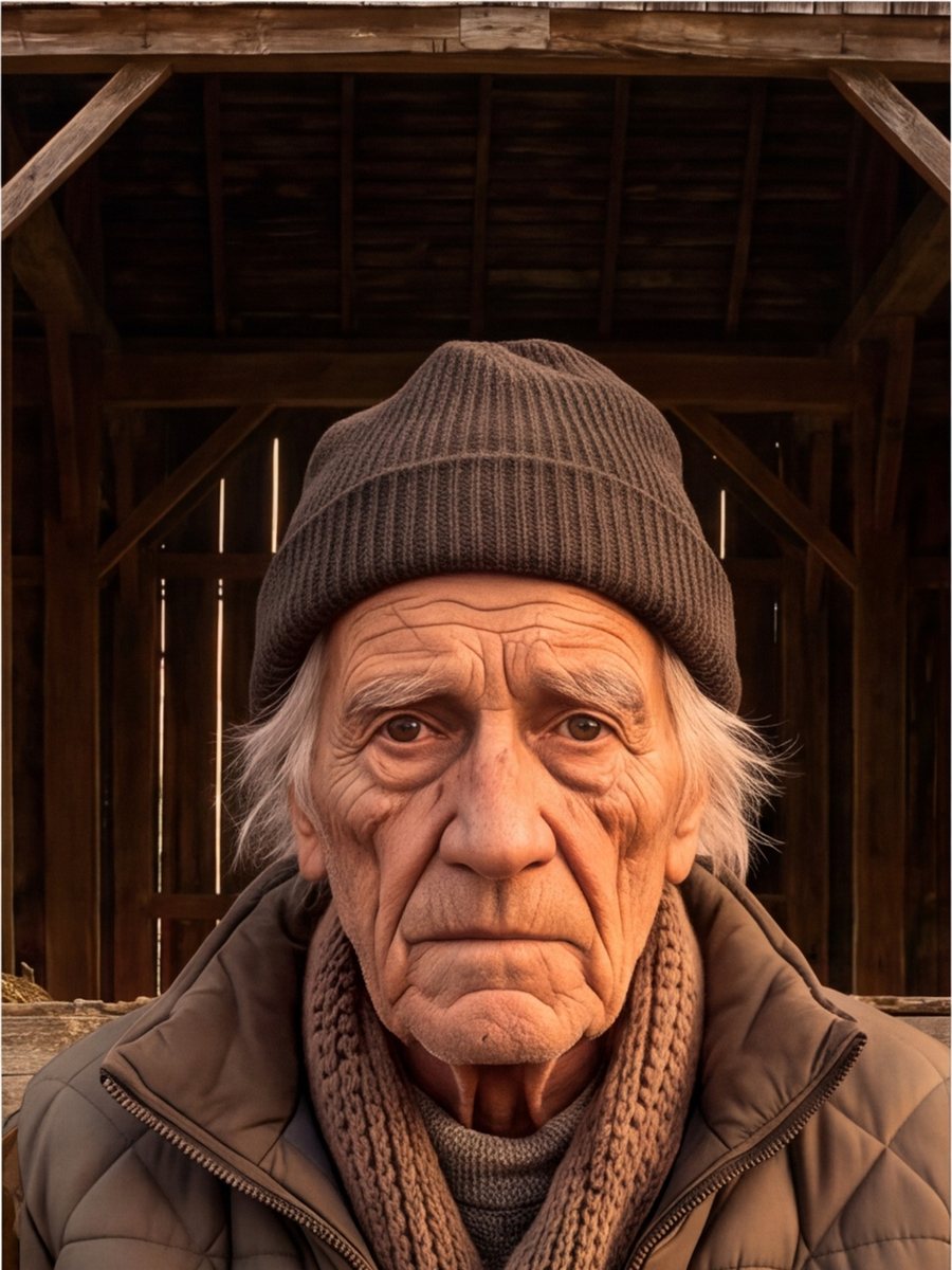 A white-haired man in his eighties in a wool cap and a faded canvas barn coat, in the loft's low light.