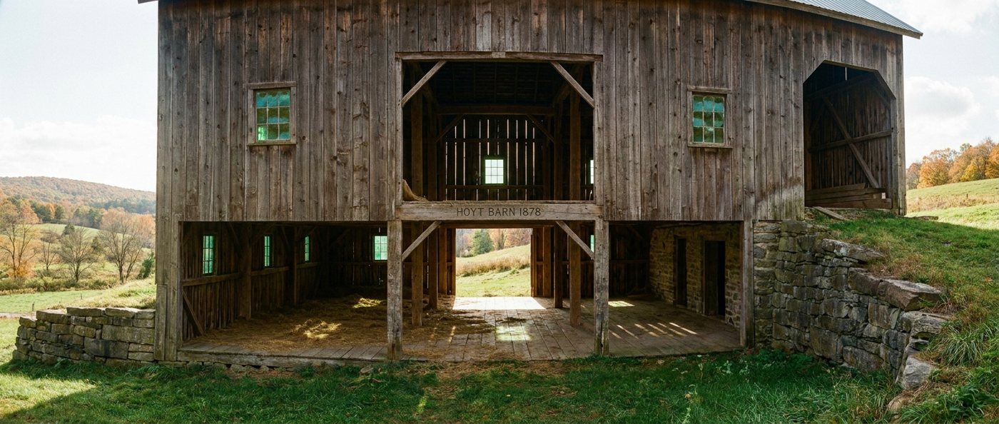 The Hoyt barn from the yard in 2019, HOYT BARN 1878 lettered on the beam over its open bays, hay on the floor and autumn hills behind.