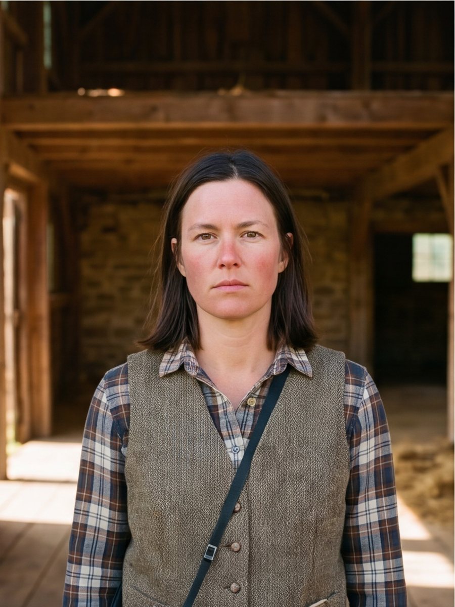 A woman in a chore coat with a 35mm camera on a strap, in the barn.