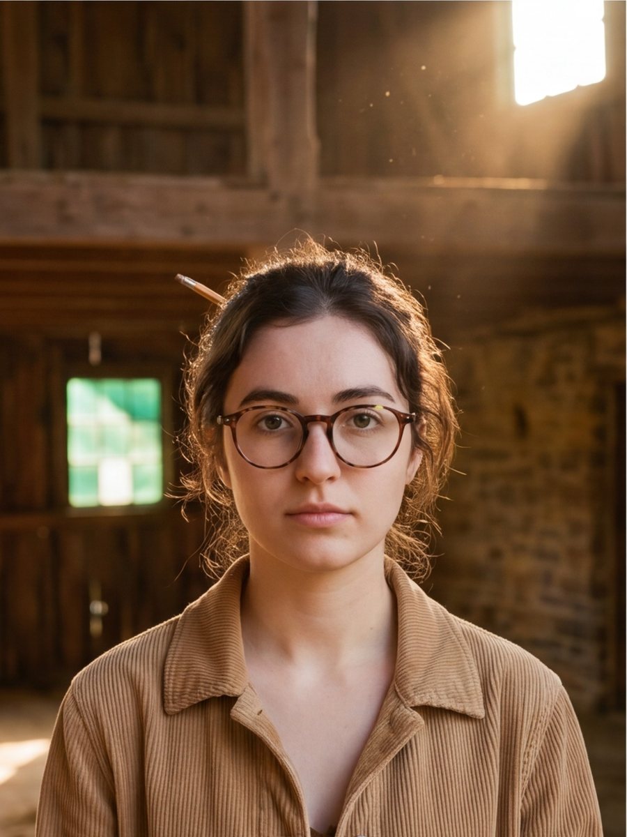 A young woman in a work jacket holding a spiral notebook, in the barn.