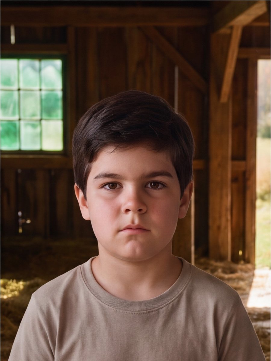 A boy in a work jacket in the barn, looking straight at the camera.