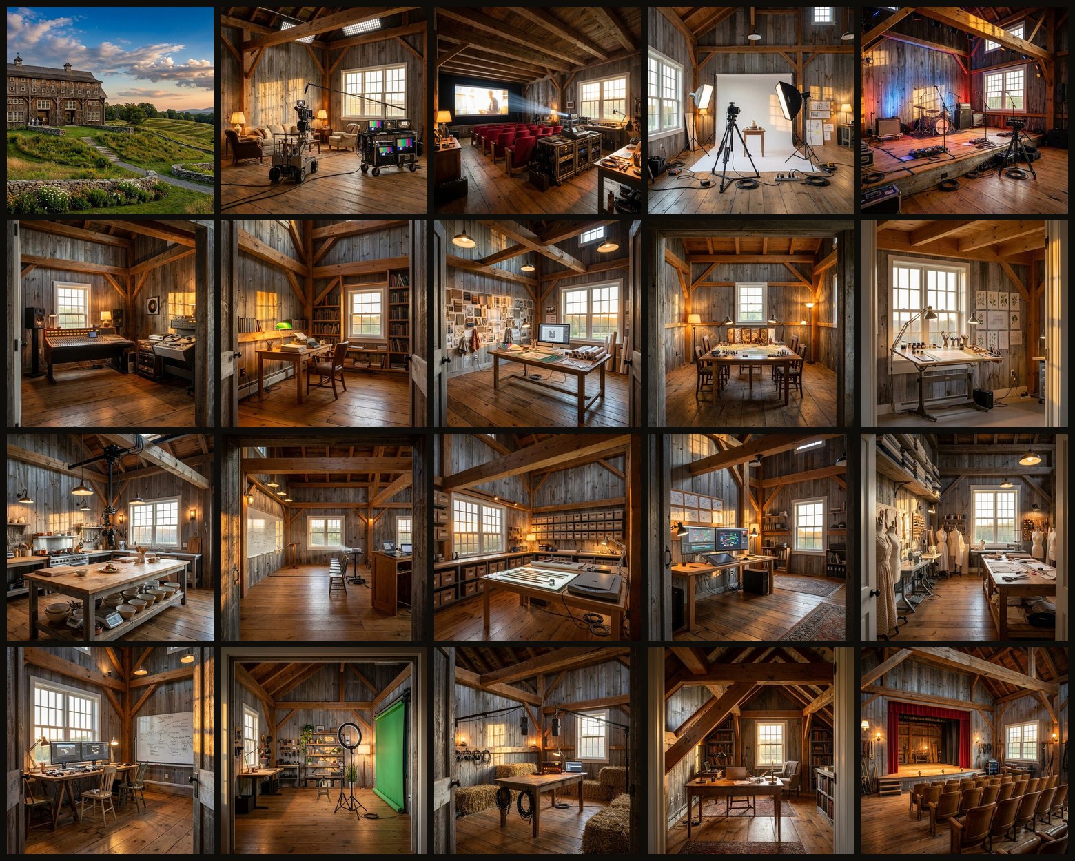 A grid of twenty square pictures: the barn, then one for each Studio — show, film, commercial, music video, and the fifteen declared.